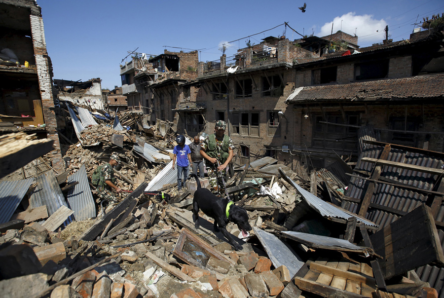 Непальская армия с обученными собаками для поиска пострадавших в завалах рухнувших домов после землетрясения в Бхактапур.