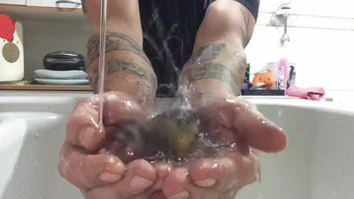 Птичка принимает ванну в ладонях у человека