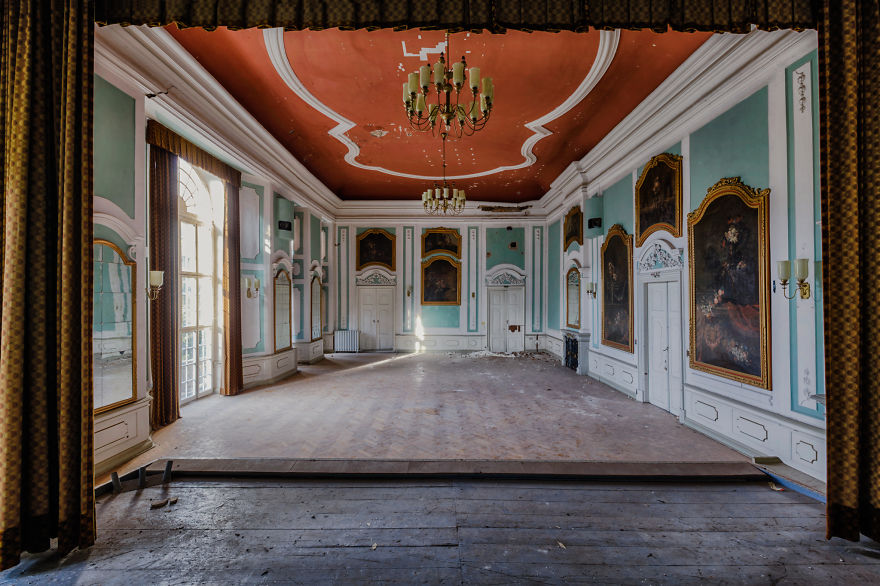 forgotten ballroom with stage in a castle