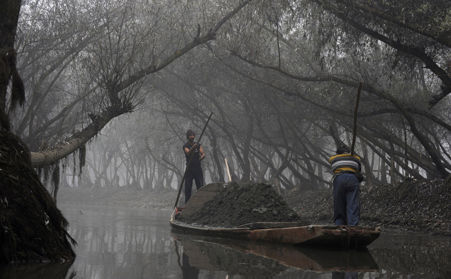 Кашмирские крестьяне перевозят песок на лодке по озеру Vullar во время густого тумана к северу от Сринагара, 23 ноября 2015