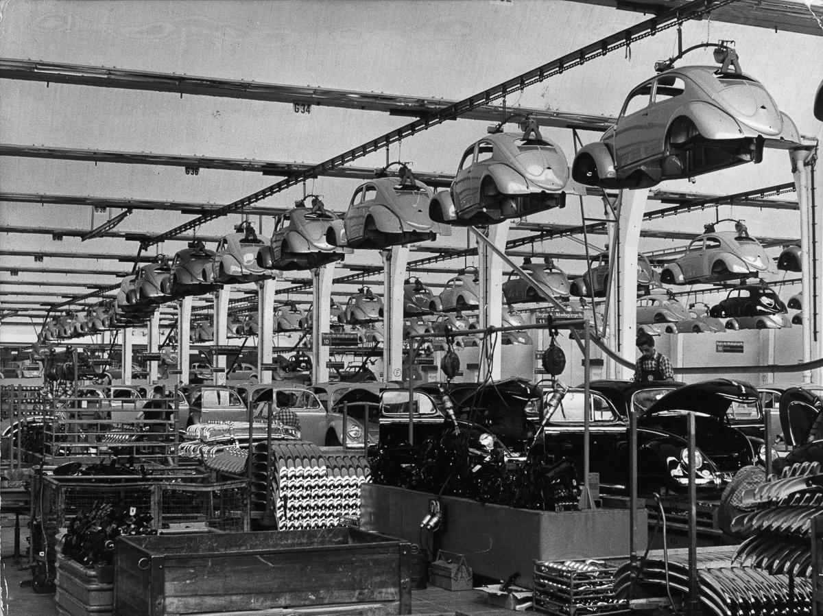 circa 1955: Production of the Volkswagen car, 'The Beetle'. (Photo by Keystone/Getty Images)