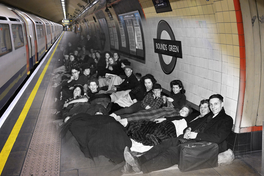 Лондонцы укрывались на платформе в Баундз Грин во время авианалета Блиц, 1940 и 1 мая 2016 года.