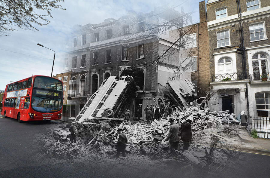 Современный автобус в 2016 году и автобус после бомбардировки Лондона 9 сентября 1940. 