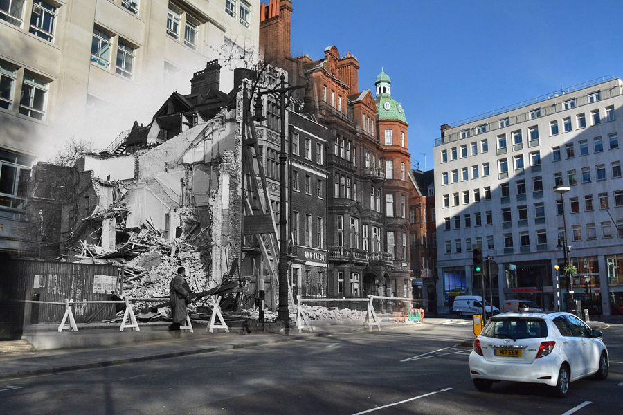 Разрушенное здание после бомбардировки на площади Беркли в Лондоне и 1 мая 2016.