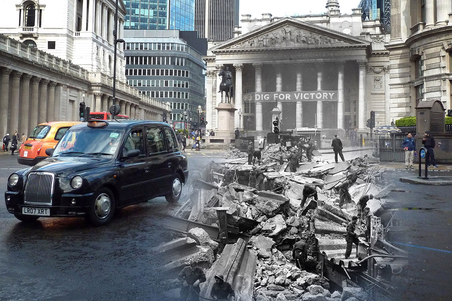 Солдаты в завалах после бомбардировки и там же напротив Королевской биржи в Лондоне, 1940 и 25 апреля 2016.