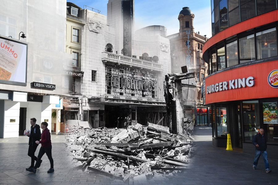 Развалины на Лестер-сквер 1940 и Бургер Кинг 1 мая 2016.