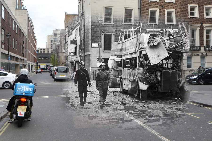Последствия немецкого авиаудара на Портман-стрит в Лондоне, 19 сентября 1940 и в том же месте 21 апреля 2016. 
