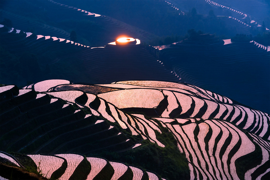 Солнце отражается от поверхности рисовых полей в Китае.