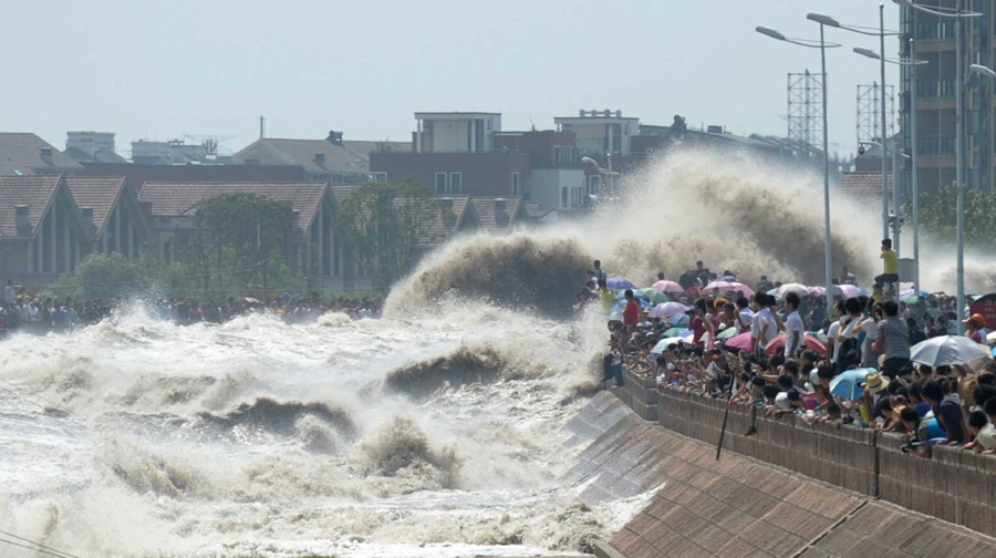 Волны обрушились на зрителей которые наблюдали прилив на реке Цяньтан, 31 августа 2011 года.