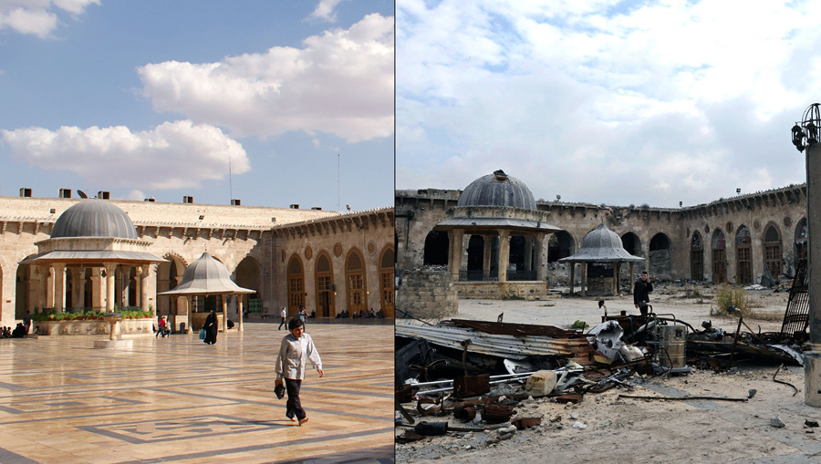 Великая мечеть Алеппо или мечеть Омейядов Алеппо, до повреждения фото слева (6 октября 2010 года) и после повреждения фото справа (17 декабря 2016 года) во время сирийской гражданской войны.