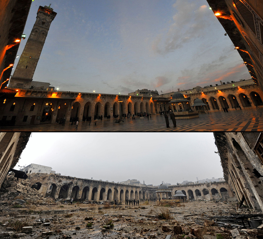 Мечеть Омейядов в Алеппо, до войны, 12 марта 2009 (вверху) и после разрушения, 13 декабря 2016 года (внизу).