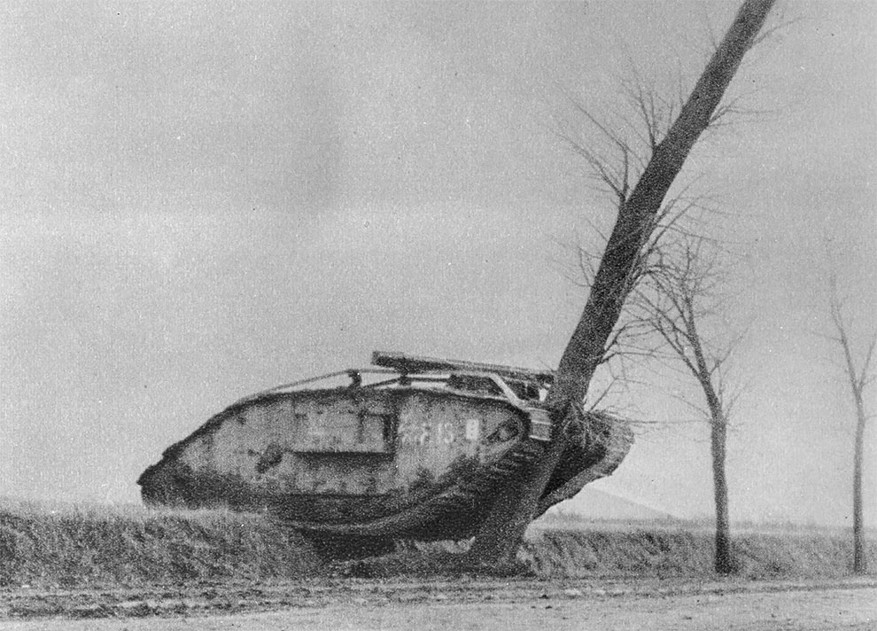 Британский танк, врезался в дерево, рядом с Камбре, Франция, 1917 год.