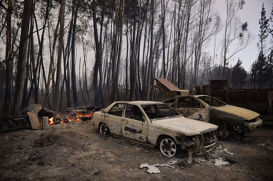 Сожженные машины и опустошенный лес недалеко от Castanheira de Pera, Португалия.