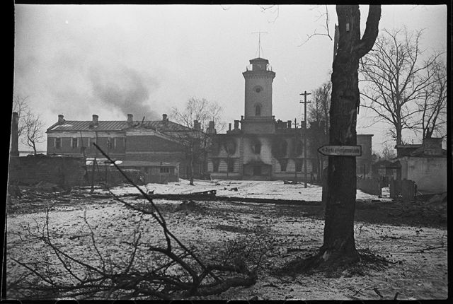 В освобожденной от немцев Гатчине горят подожженные гитлеровцами дома. Ленинградский фронт, 1943 год: