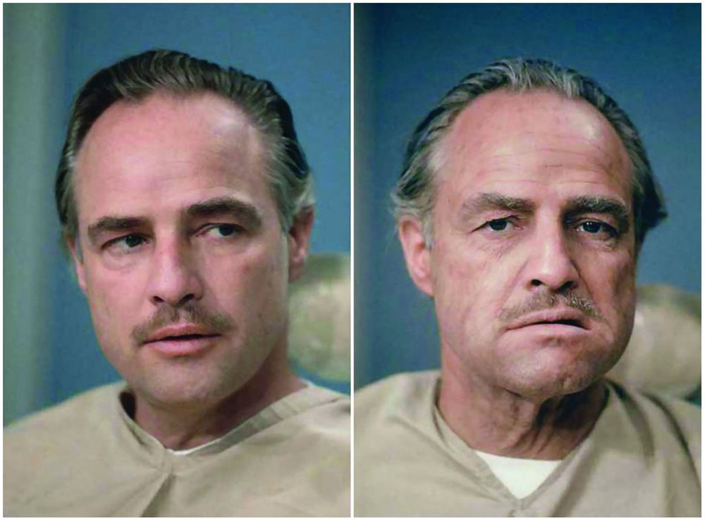 Марлон Брандо до и после нанесения грима Дона Вито Корлеоне в "Крестном отце" (1972)