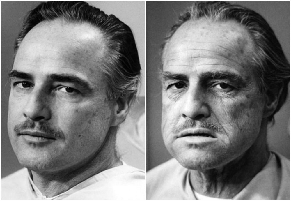 Марлон Брандо до и после нанесения грима Дона Вито Корлеоне в "Крестном отце" (1972)