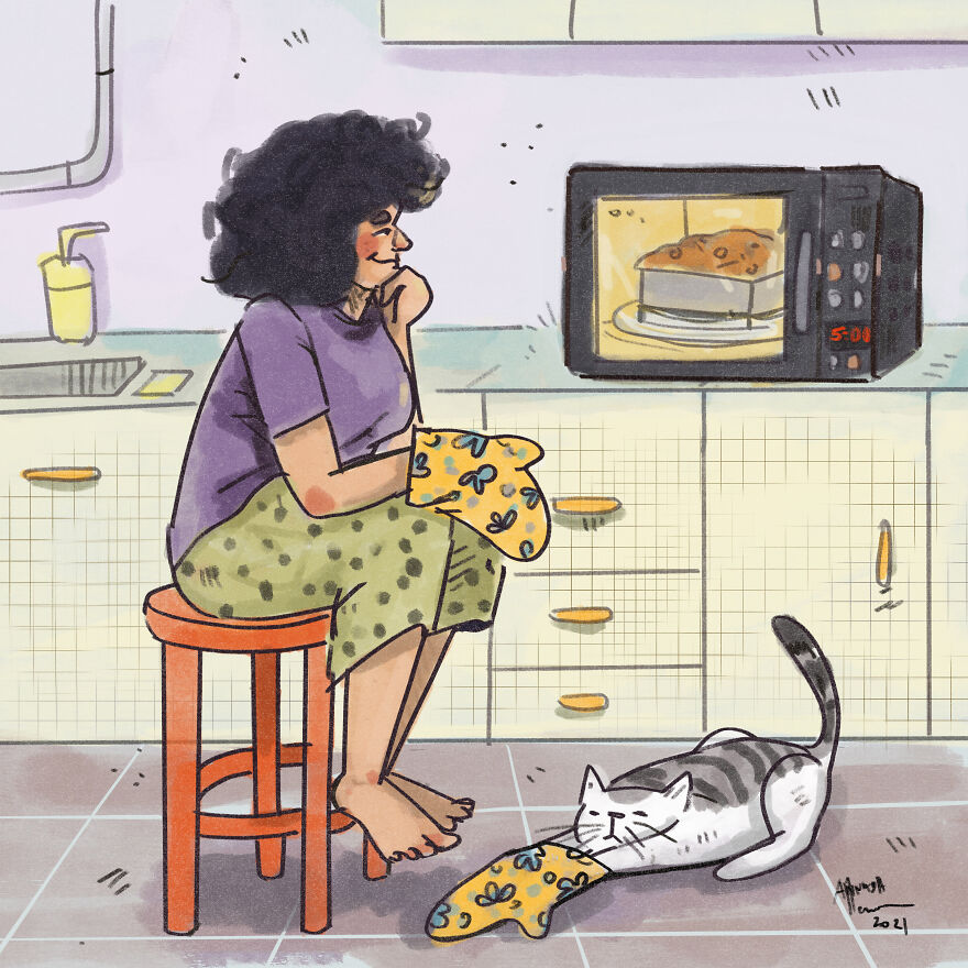Карантинная жизнь с кошкой на милой иллюстрации Аннады Менон