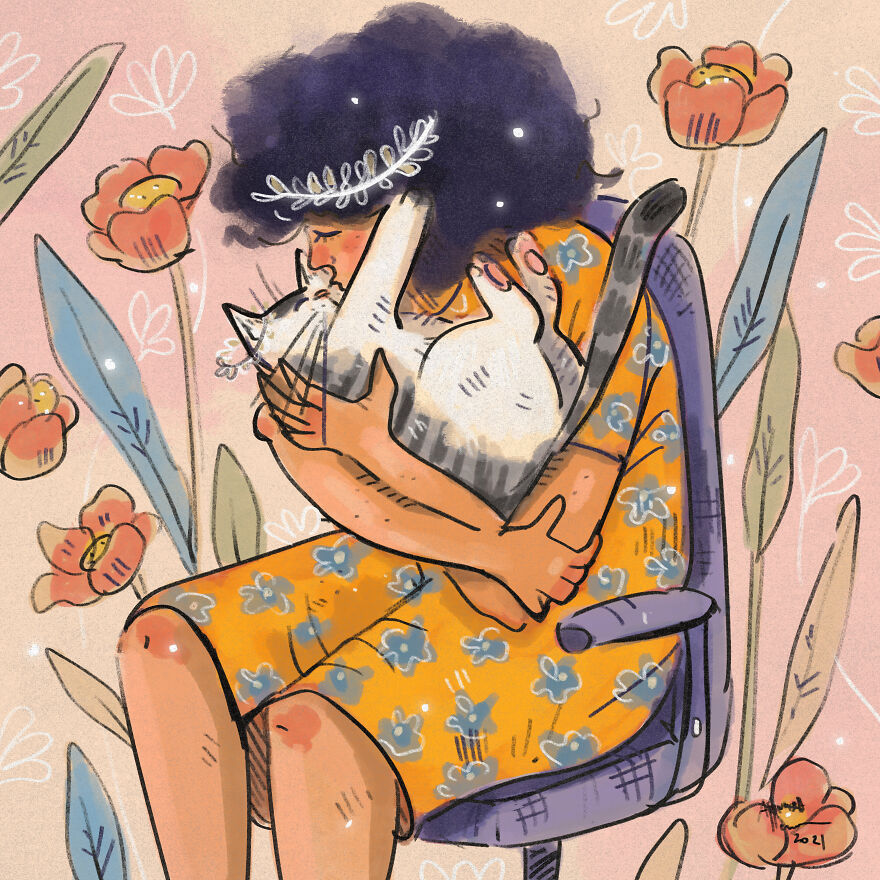 Карантинная жизнь с кошкой на милой иллюстрации Аннады Менон