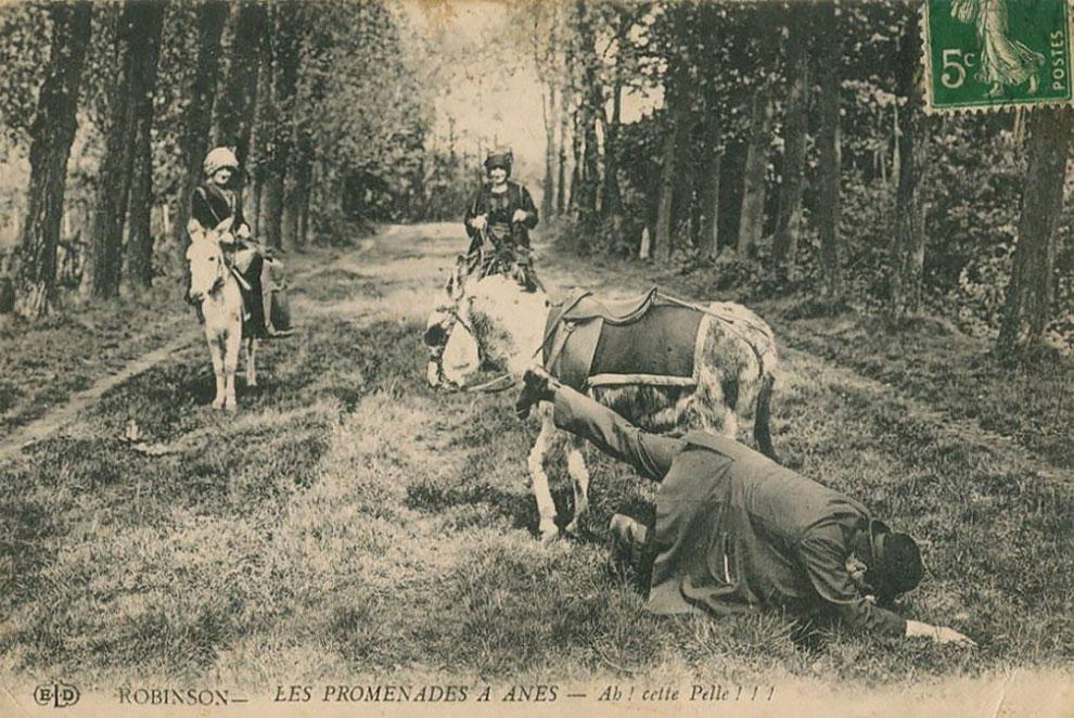 Забавные старинные открытки изображают людей, падающих с ослов в Ле-Плесси-Робинсон, Франция, примерно 1900 г.